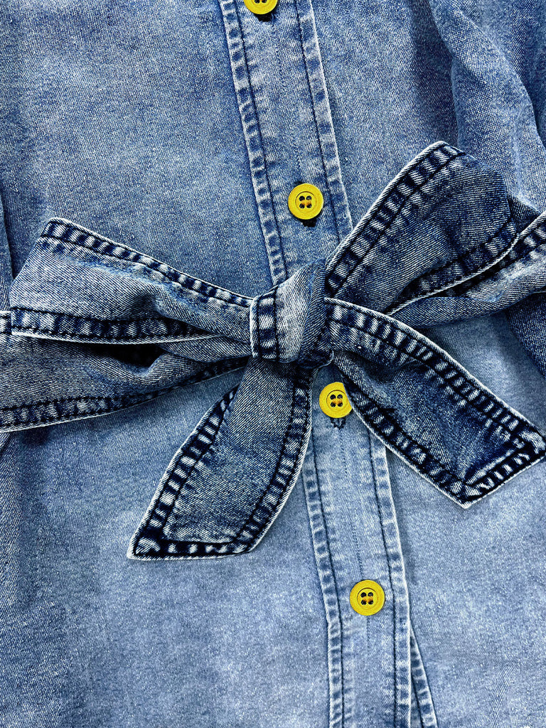 Blouse en Denim à Col Mandarin et Manches Bouffantes Bleu Années 1960