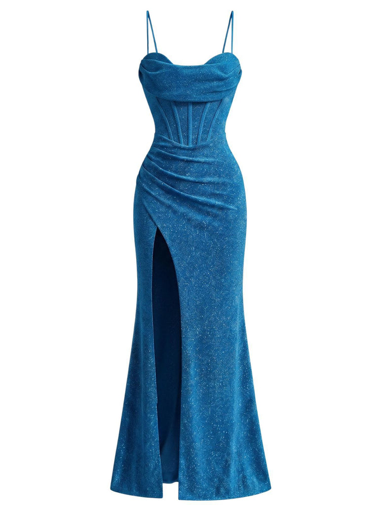 Robe Sirène Scintillante Col Drapé Corset Fente Haute Années 1930 2