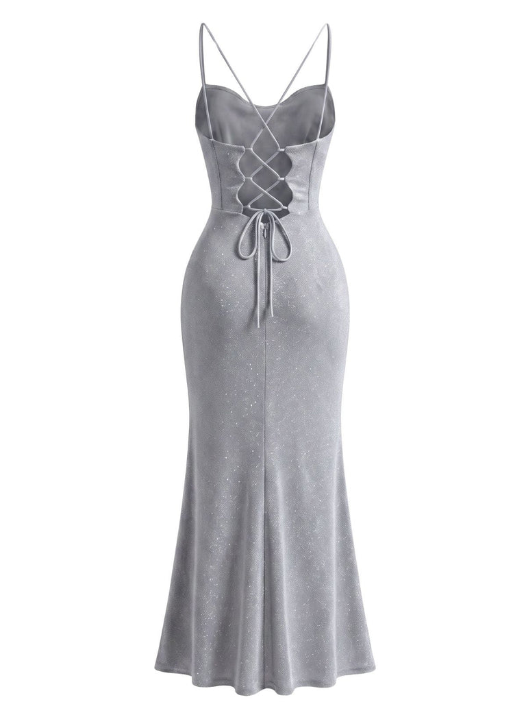Robe Sirène Scintillante Col Drapé Corset Fente Haute Années 1930 3