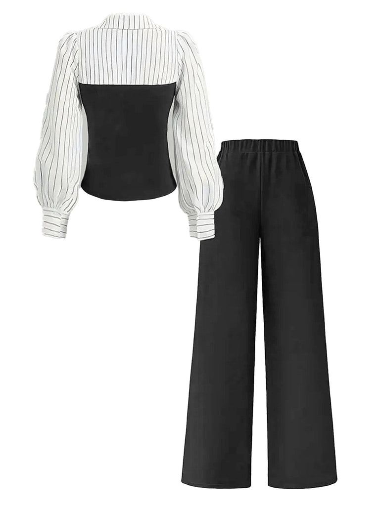 Ensemble deux pièces à rayures contrastées, haut manches longues et pantalon années 1960 - 2