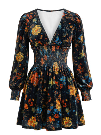 Robe fleurie en velours à col V et taille froncée années 1960 - 1