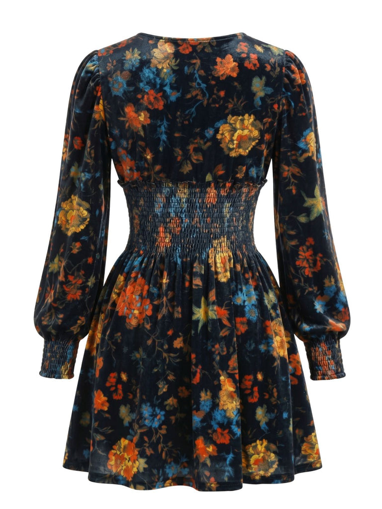 Robe fleurie en velours à col V et taille froncée années 1960 - 2