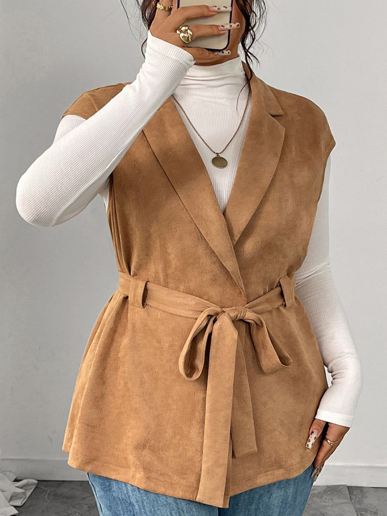 [Grande Taille] Gilet Ceinturé en Suédine à Revers Cranté Kaki Années 1950