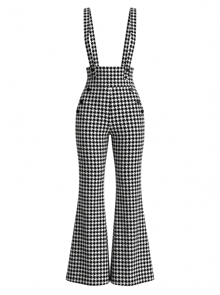 Combinaison salopette évasée noire et blanche à motif pied-de-poule années 1960