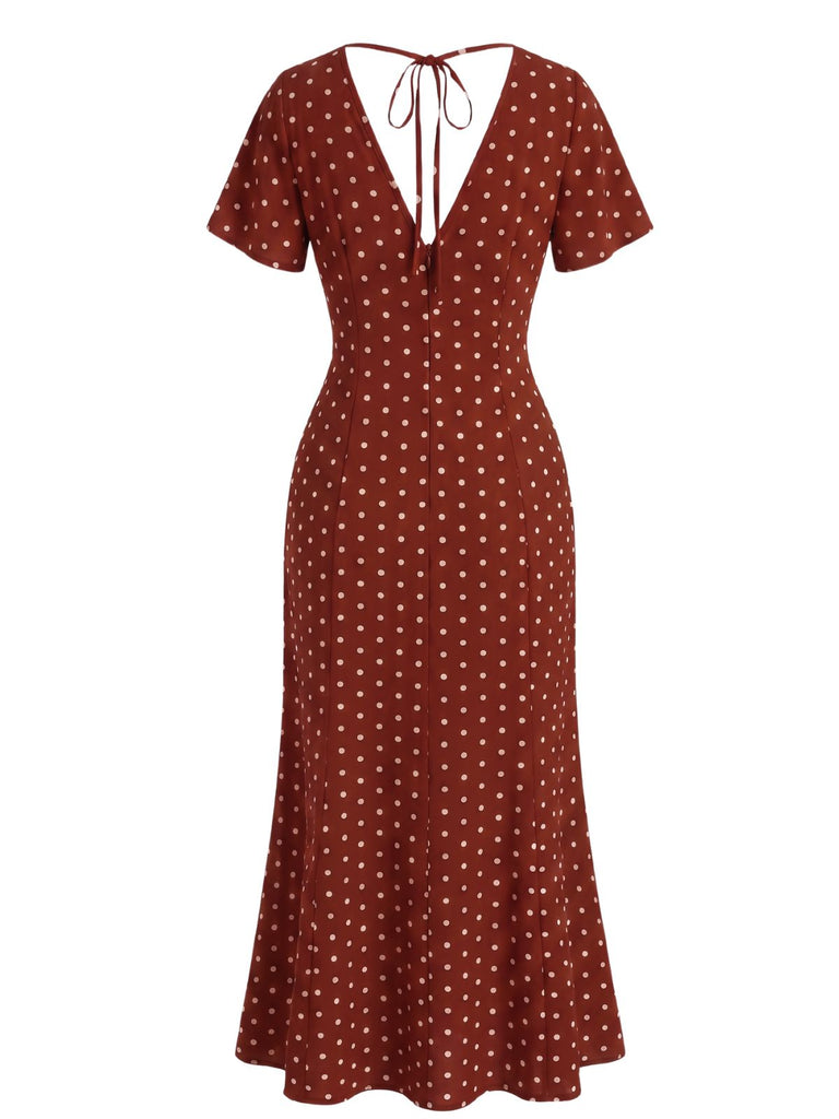 Robe Longue Sirène à Pois Col V Manches Papillon Années 1930 5
