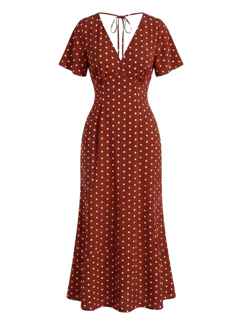Robe Longue Sirène à Pois Col V Manches Papillon Années 1930 4