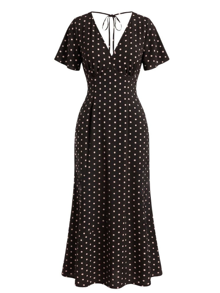 Robe Longue Sirène à Pois Col V Manches Papillon Années 1930 8