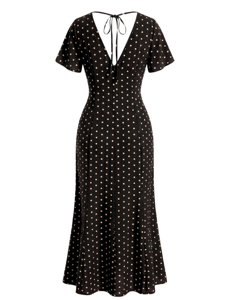 Robe Longue Sirène à Pois Col V Manches Papillon Années 1930 9