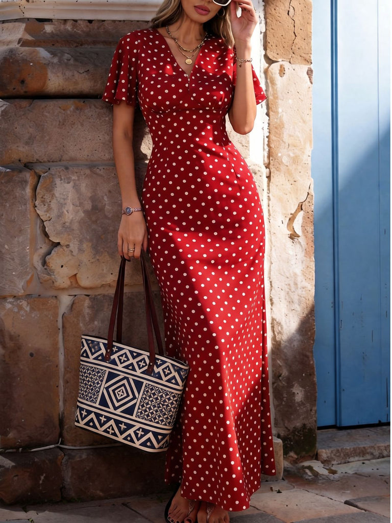 Robe Longue Sirène à Pois Col V Manches Papillon Années 1930 6