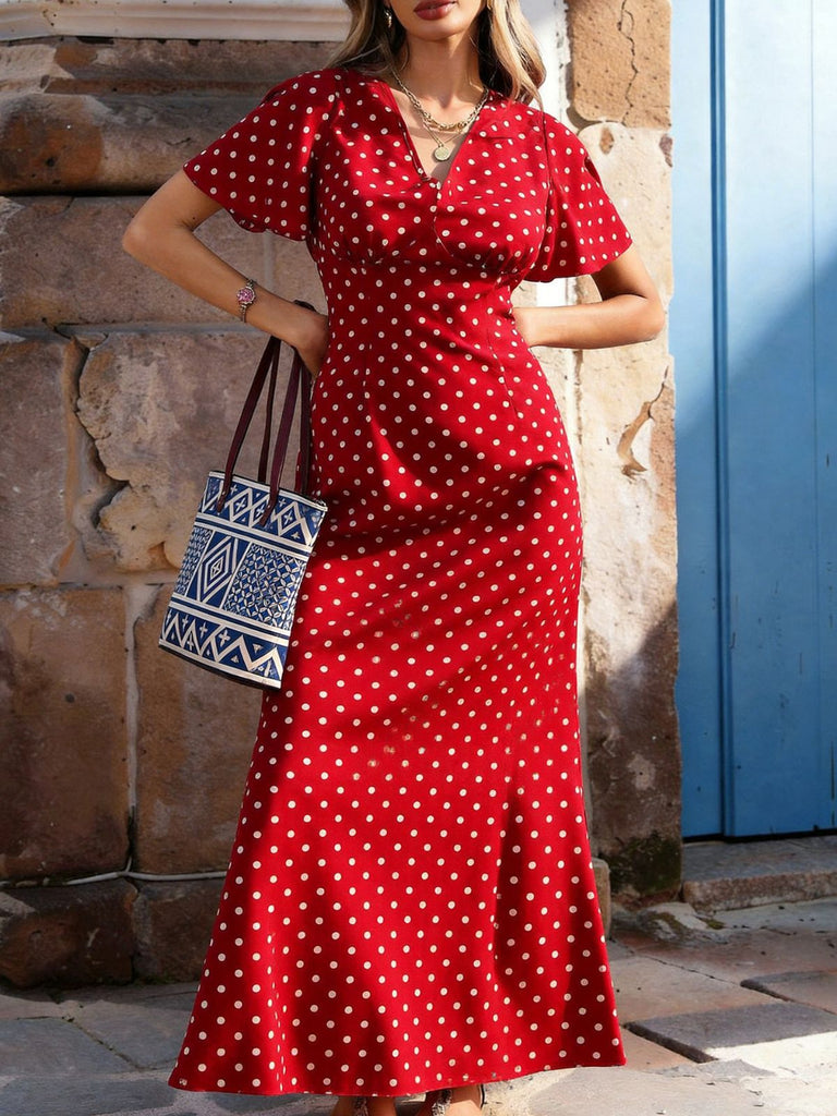 Robe Longue Sirène à Pois Col V Manches Papillon Années 1930 7