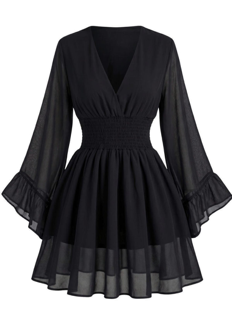 Robe Noir Mousseline Col V Smocké Waist Mini Années 1930