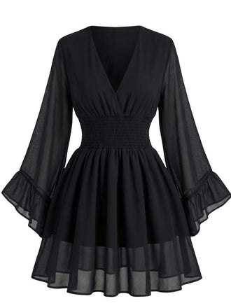 Robe Noir Mousseline Col V Smocké Waist Mini Années 1930