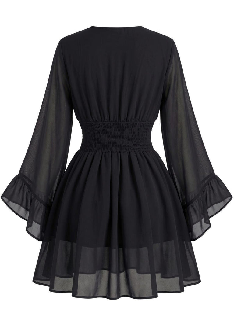 Robe Noir Mousseline Col V Smocké Waist Mini Années 1930