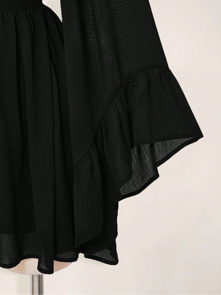 Robe Noir Mousseline Col V Smocké Waist Mini Années 1930
