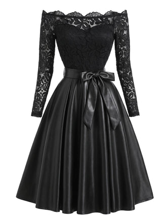 [Prévente] Robe noire en dentelle à épaules dénudées et nœud à la taille années 1950 - 2