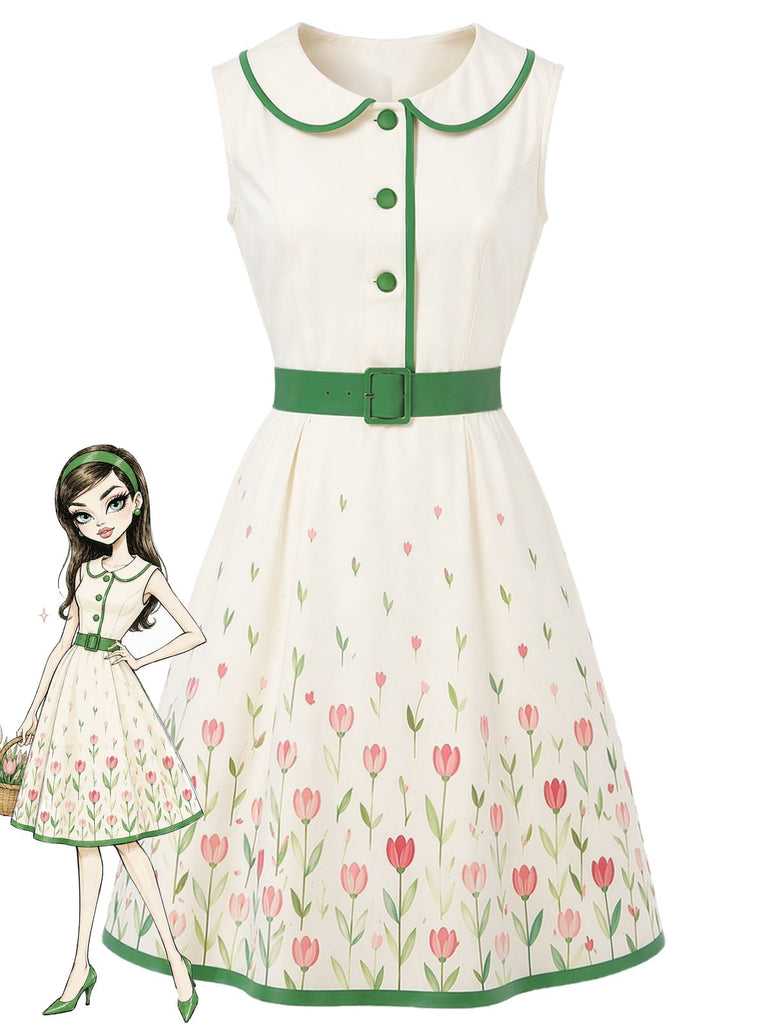 [Prévente] Robe Florale à Col Claudine avec Ceinture Blanc Années 1950