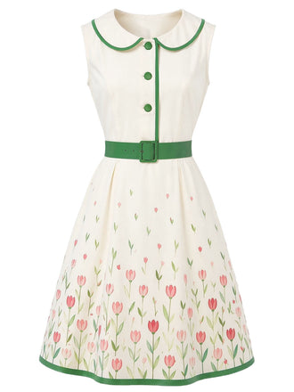 [Prévente] Robe Florale à Col Claudine avec Ceinture Blanc Années 1950