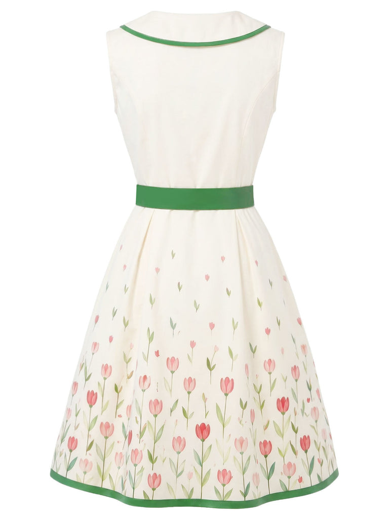 [Prévente] Robe Florale à Col Claudine avec Ceinture Blanc Années 1950