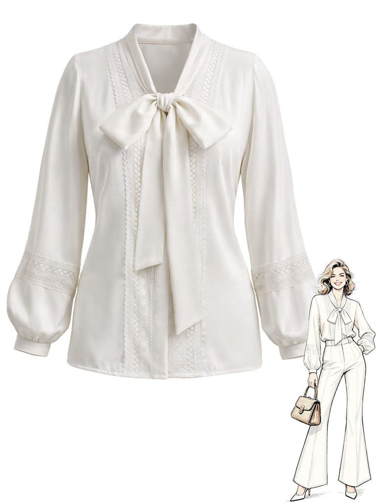 [Prévente] Blouse blanche en dentelle à col lavallière et manches lanternes Années 1970