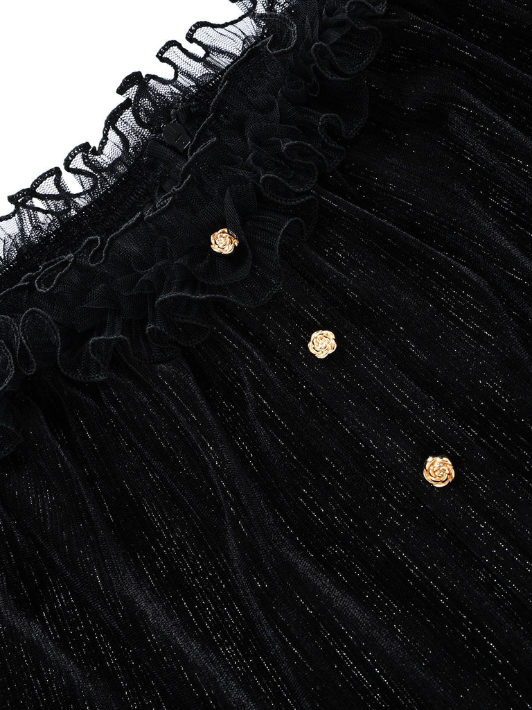 [Prévente] Robe noire en velours et dentelle à épaules dénudées et ceinture Années 1950