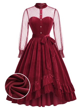 [Prévente] Robe rouge en velours à volants et manches transparentes à pois Années 1950 - 1