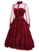 [Prévente] Robe rouge en velours à volants et manches transparentes à pois Années 1950 - 3