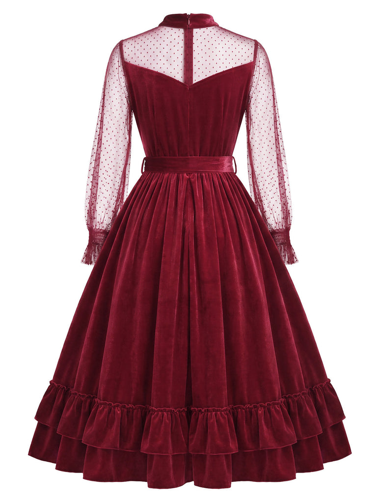 [Prévente] Robe rouge en velours à volants et manches transparentes à pois Années 1950 - 4