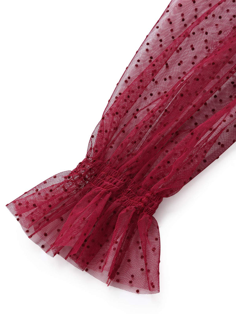 [Prévente] Robe rouge en velours à volants et manches transparentes à pois Années 1950 - 5