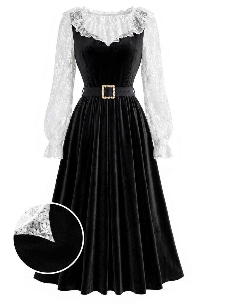 [Prévente] Ensemble 2 pièces noir et blanc avec haut volanté en dentelle et robe en velours années 1940