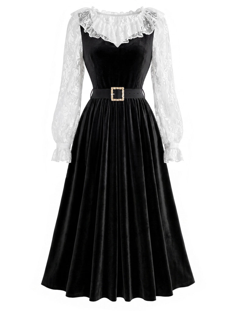 [Prévente] Ensemble 2 pièces noir et blanc avec haut volanté en dentelle et robe en velours années 1940