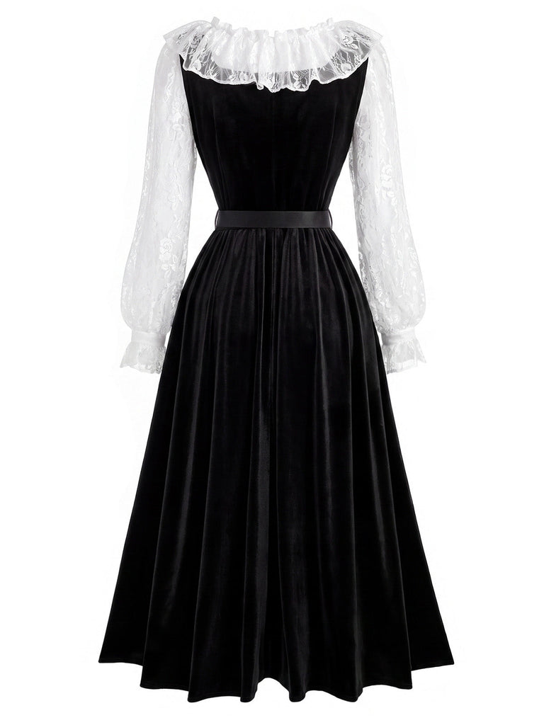 [Prévente] Ensemble 2 pièces noir et blanc avec haut volanté en dentelle et robe en velours années 1940