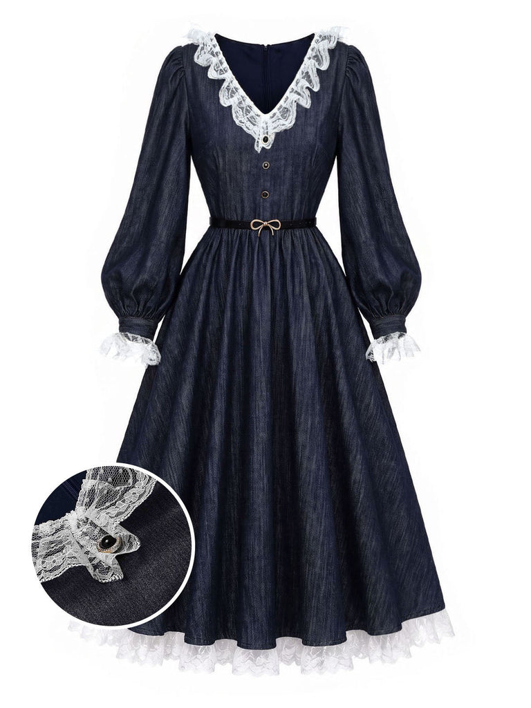 [Prévente] Robe bleue à empiècements en dentelle et manches ballon Années 1940 - 2