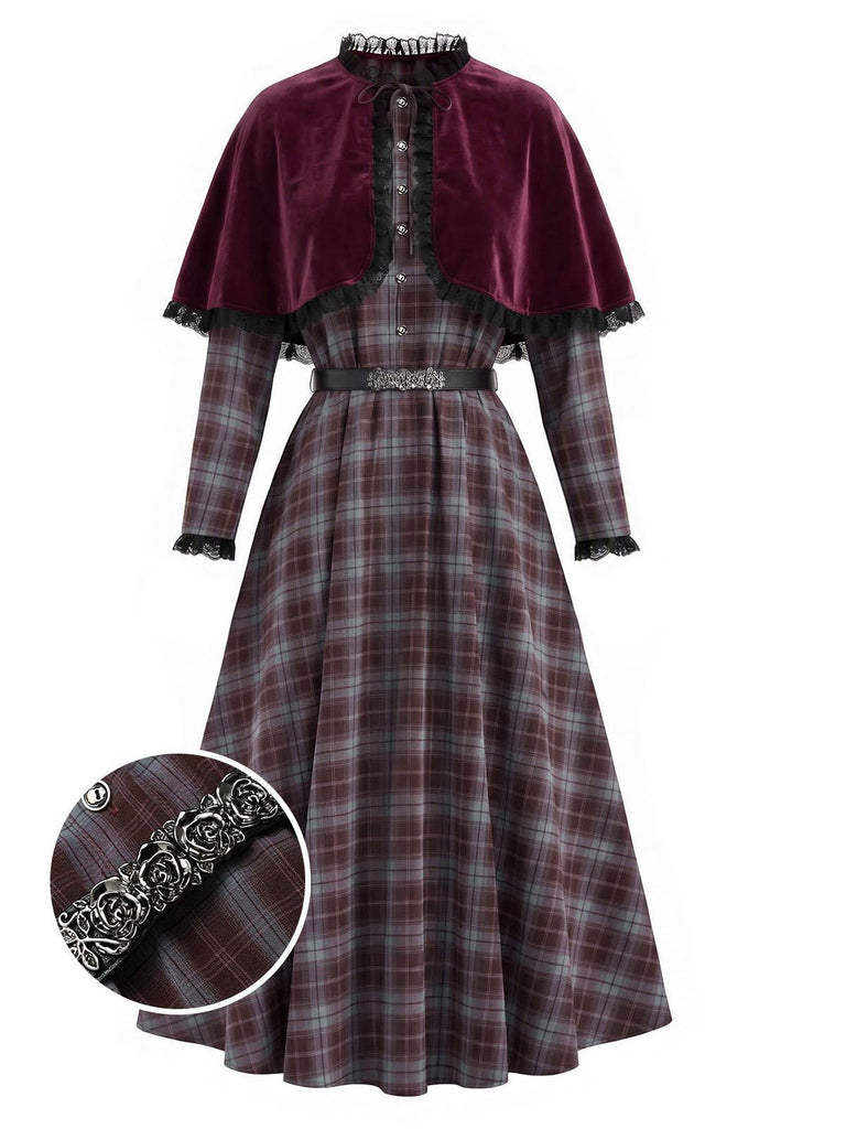 [Prévente] Robe à bordure carreaux et ceinture avec cape rouge années 1940