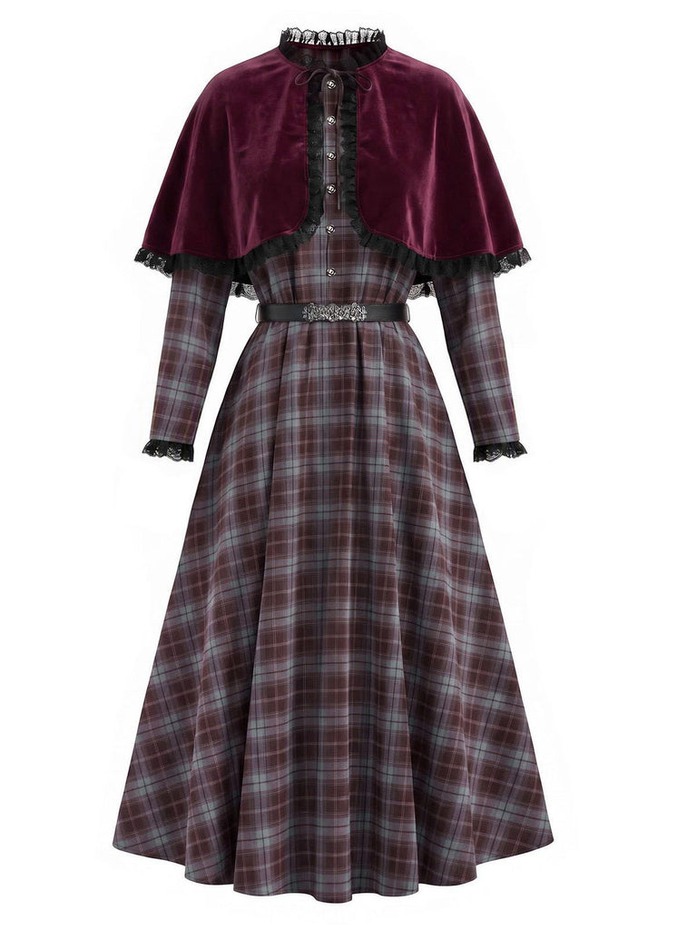 [Prévente] Robe à bordure carreaux et ceinture avec cape rouge années 1940