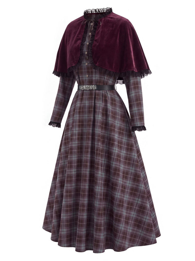[Prévente] Robe à bordure carreaux et ceinture avec cape rouge années 1940