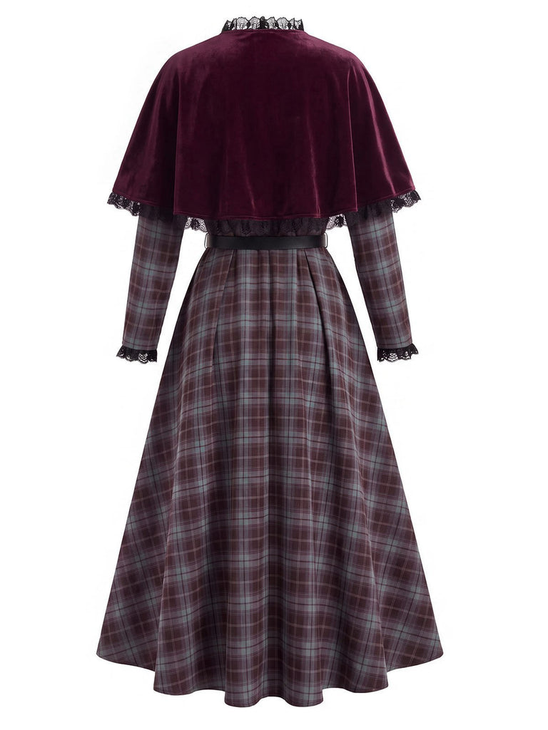 [Prévente] Robe à bordure carreaux et ceinture avec cape rouge années 1940