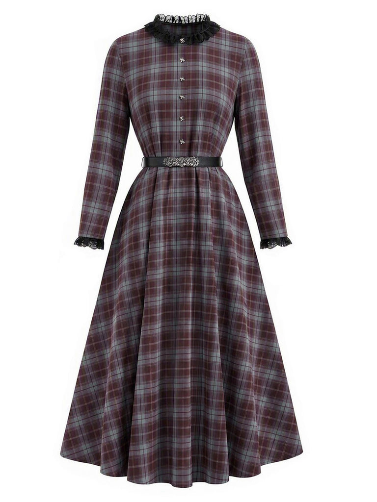 [Prévente] Robe à bordure carreaux et ceinture avec cape rouge années 1940