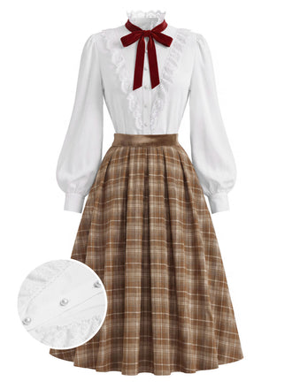 [Prévente] Ensemble 2PCS blouse blanche en dentelle à col volanté et jupe marron plissée à carreaux années 1940
