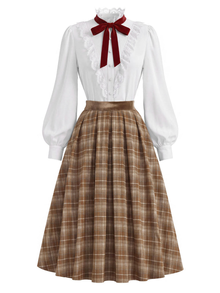 [Prévente] Ensemble 2PCS blouse blanche en dentelle à col volanté et jupe marron plissée à carreaux années 1940