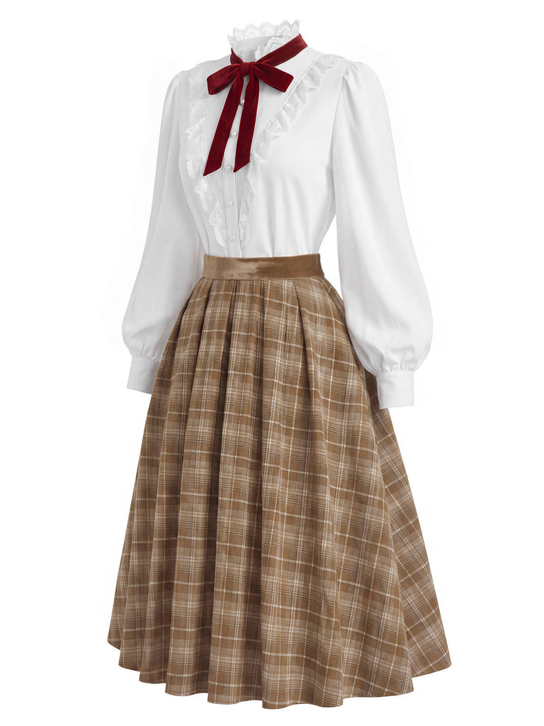 [Prévente] Ensemble 2PCS blouse blanche en dentelle à col volanté et jupe marron plissée à carreaux années 1940