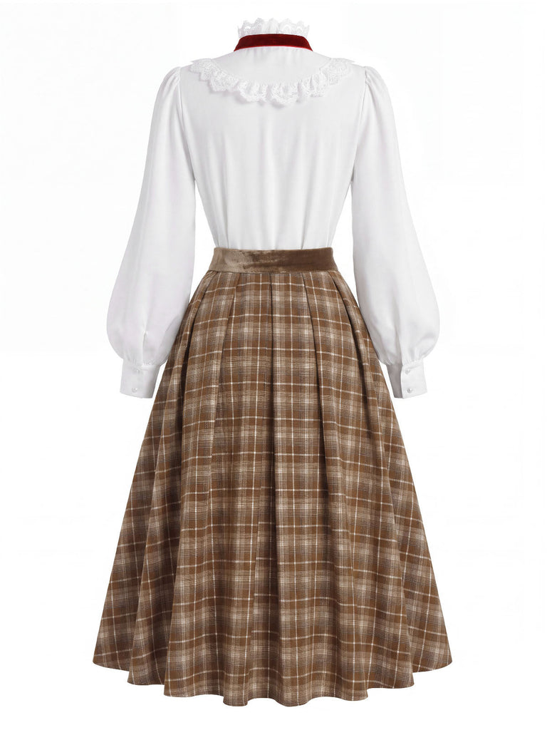 [Prévente] Ensemble 2PCS blouse blanche en dentelle à col volanté et jupe marron plissée à carreaux années 1940