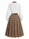 [Prévente] Ensemble 2PCS blouse blanche en dentelle à col volanté et jupe marron plissée à carreaux années 1940