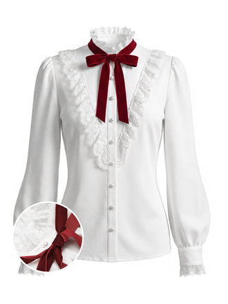 [Prévente] Blouse blanche en dentelle à col volanté et manches lanternes années 1940