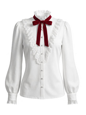 [Prévente] Blouse blanche en dentelle à col volanté et manches lanternes années 1940