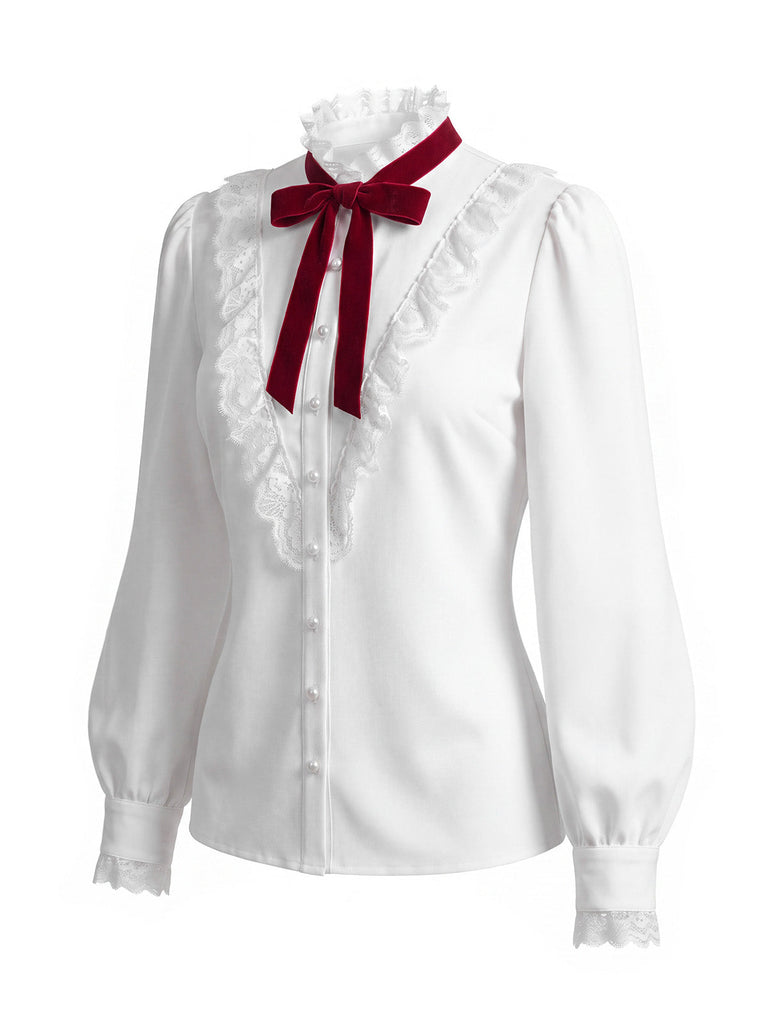[Prévente] Blouse blanche en dentelle à col volanté et manches lanternes années 1940