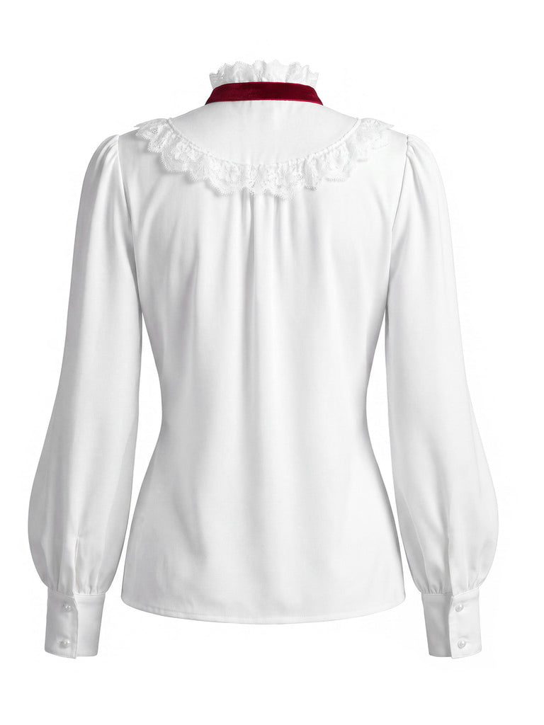 [Prévente] Ensemble 2PCS blouse blanche en dentelle à col volanté et jupe marron plissée à carreaux années 1940