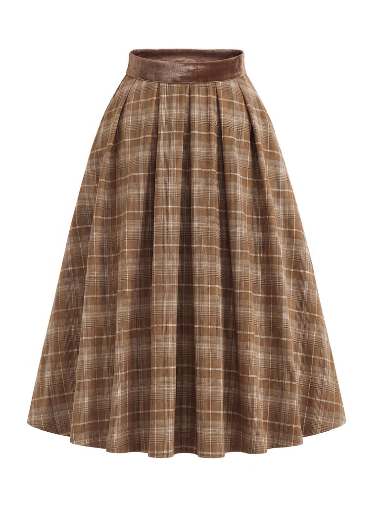 [Prévente] Ensemble 2PCS blouse blanche en dentelle à col volanté et jupe marron plissée à carreaux années 1940