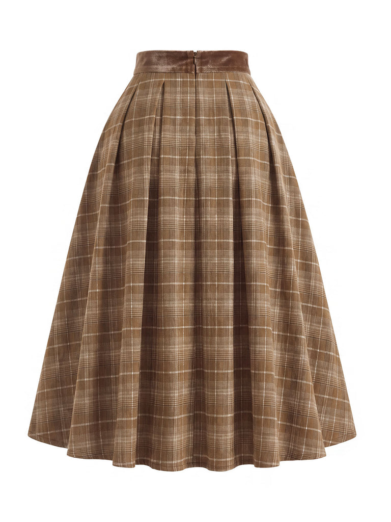 [Prévente] Ensemble 2PCS blouse blanche en dentelle à col volanté et jupe marron plissée à carreaux années 1940