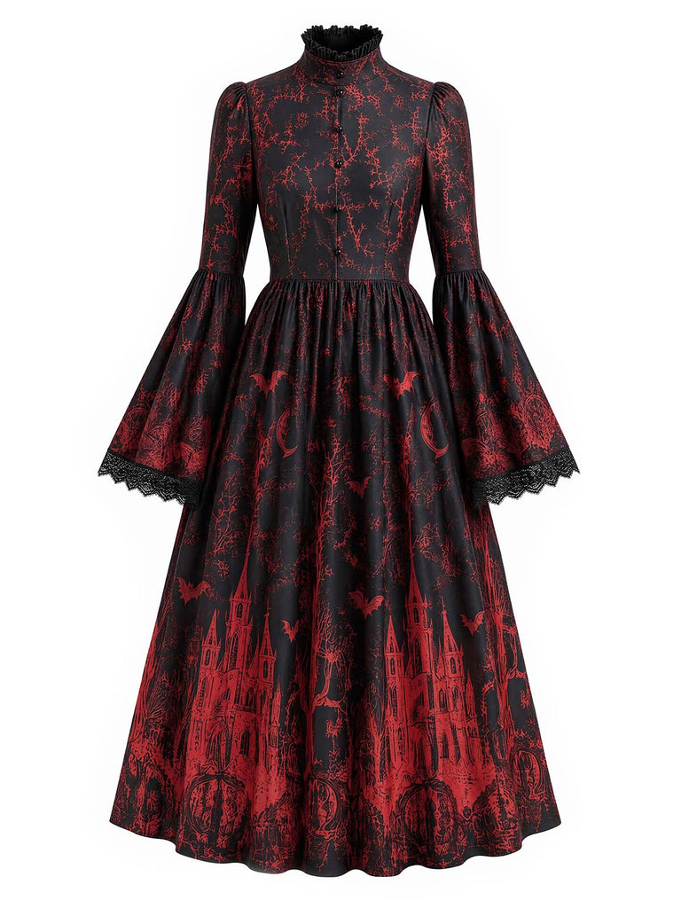 [Prévente] Robe longue gothique à imprimé château et chauves-souris, manches longues années 1960