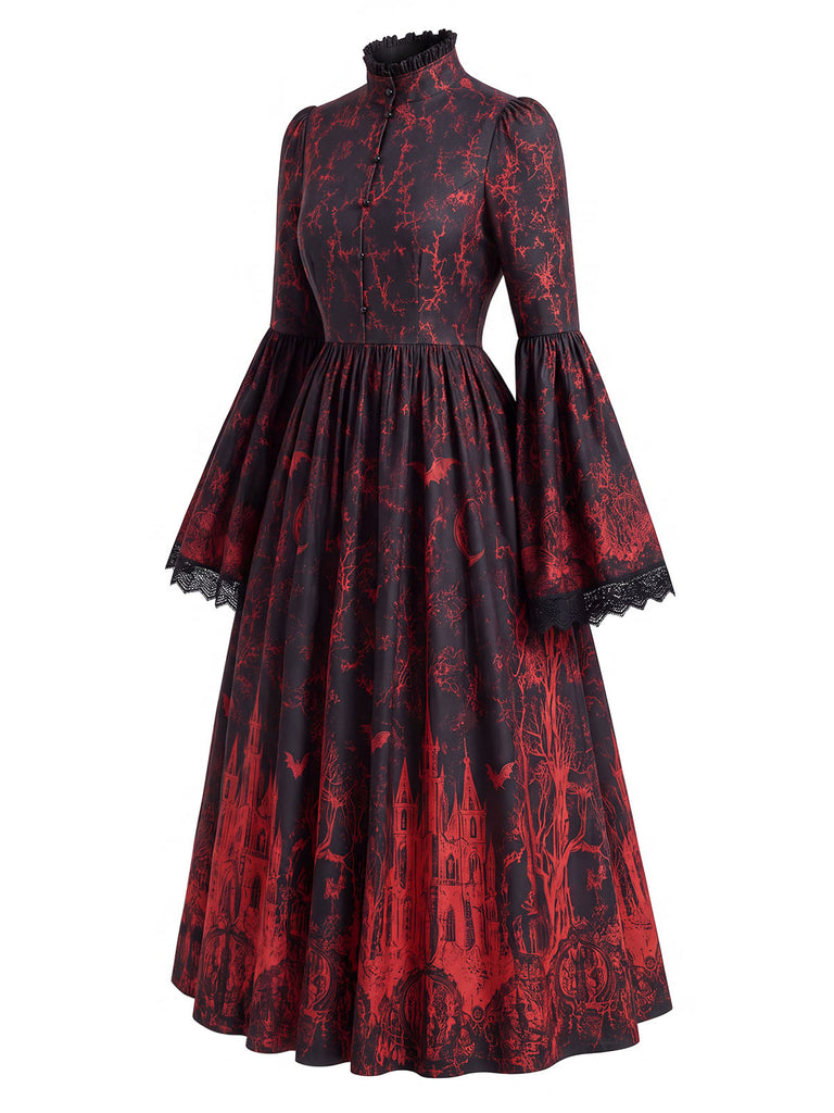[Prévente] Robe longue gothique à imprimé château et chauves-souris, manches longues années 1960
